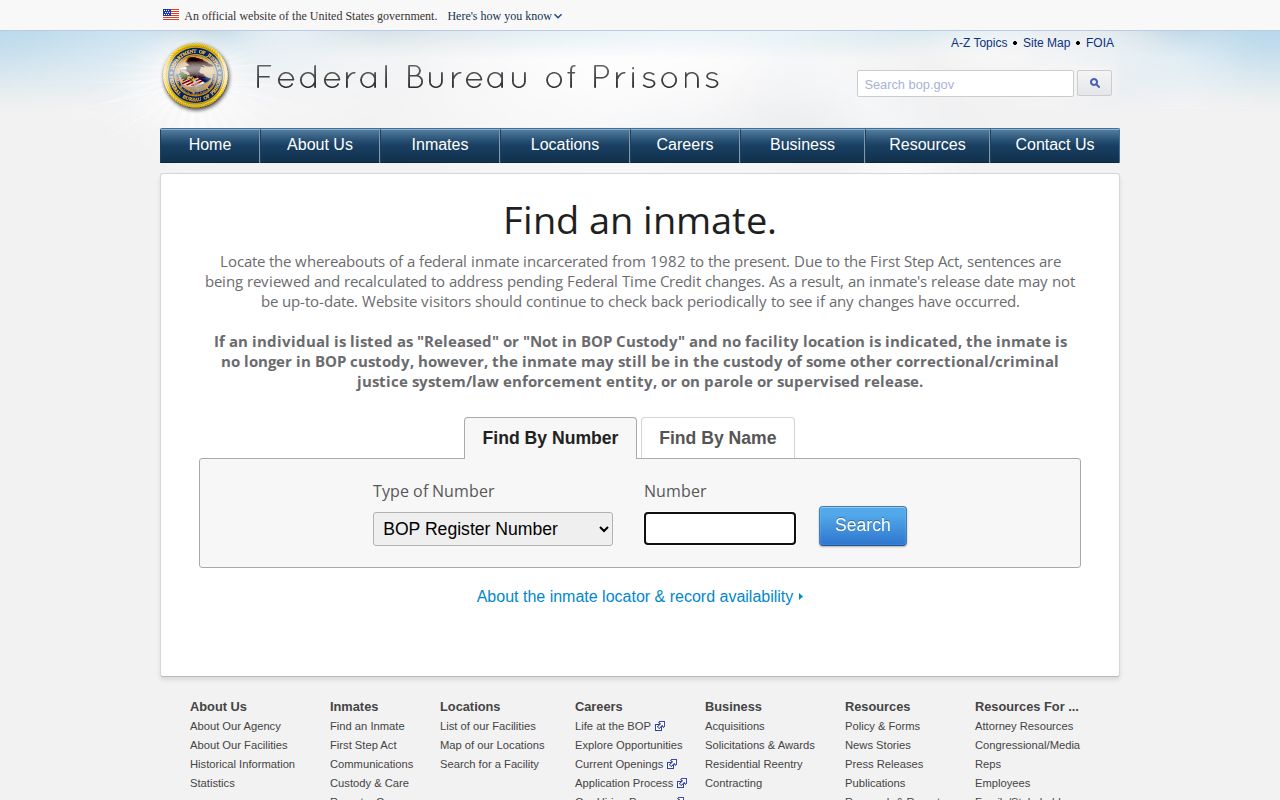 Federal BOP locator used after an Iredell County custody transfer or release